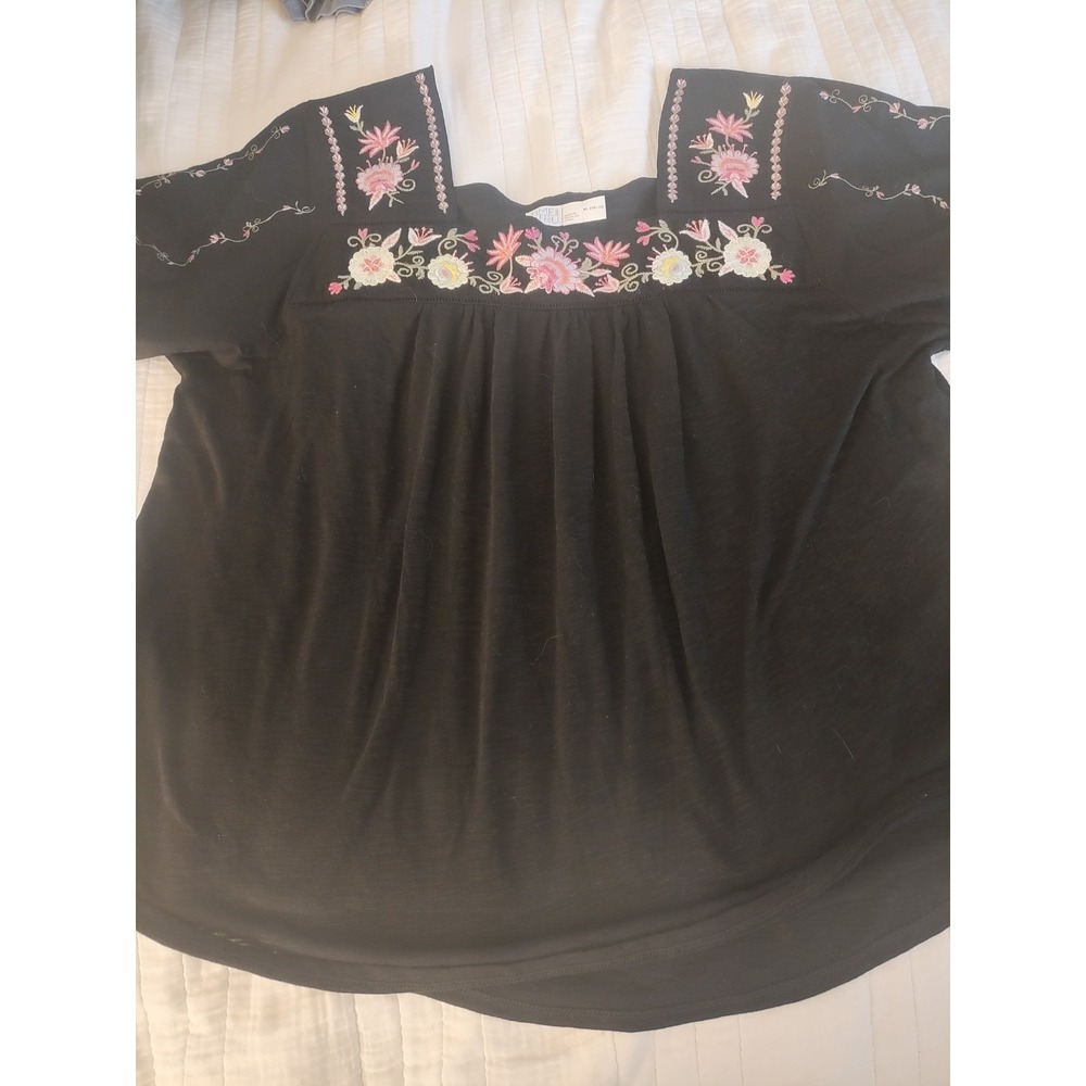 Black Floral Embroidered Boho Peasant Top 100% Cotton Tassel Sleeve XL 16-18